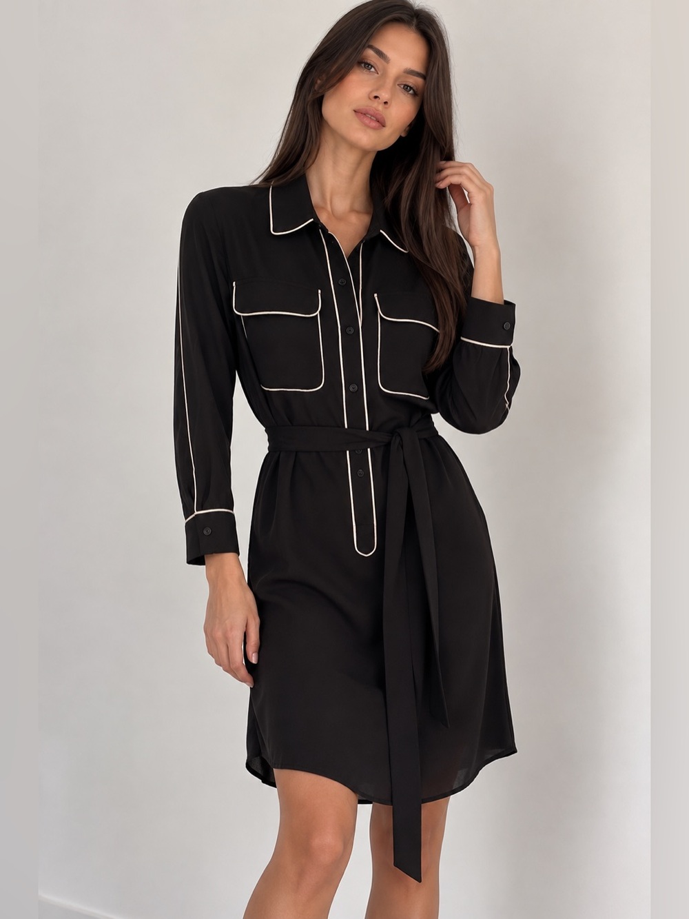 Ipekyol Black Contrast Piping Belted Shirt Dress Size 36 / US 6